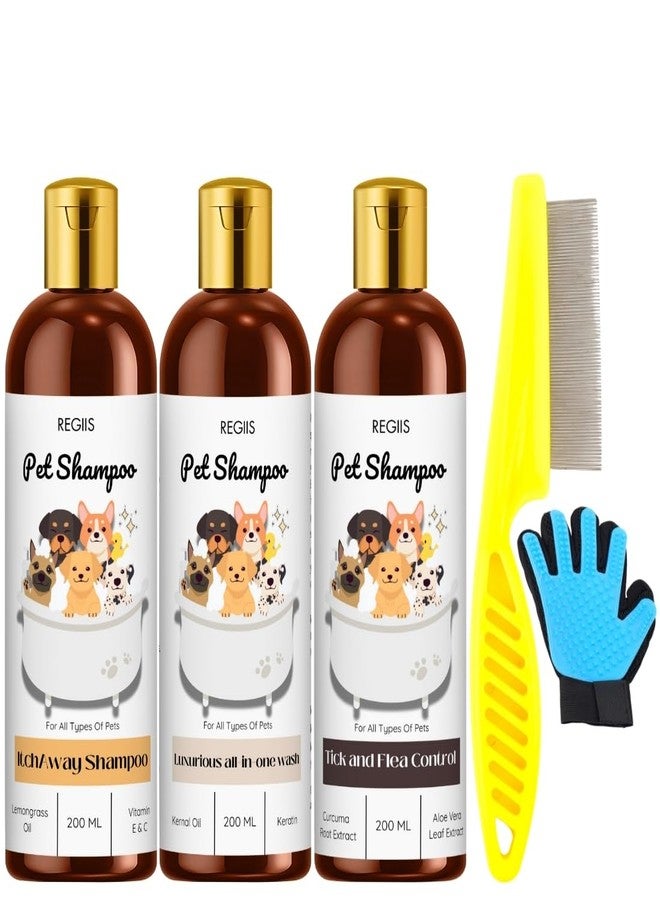 REGIIS Pet Shampoo Set for Dogs, 3 Pack with Tick and Flea Control, Itch Away, All-in-One Wash, 200 ML Each, Includes Grooming Brush and Glove(5 Pack) - Image 1